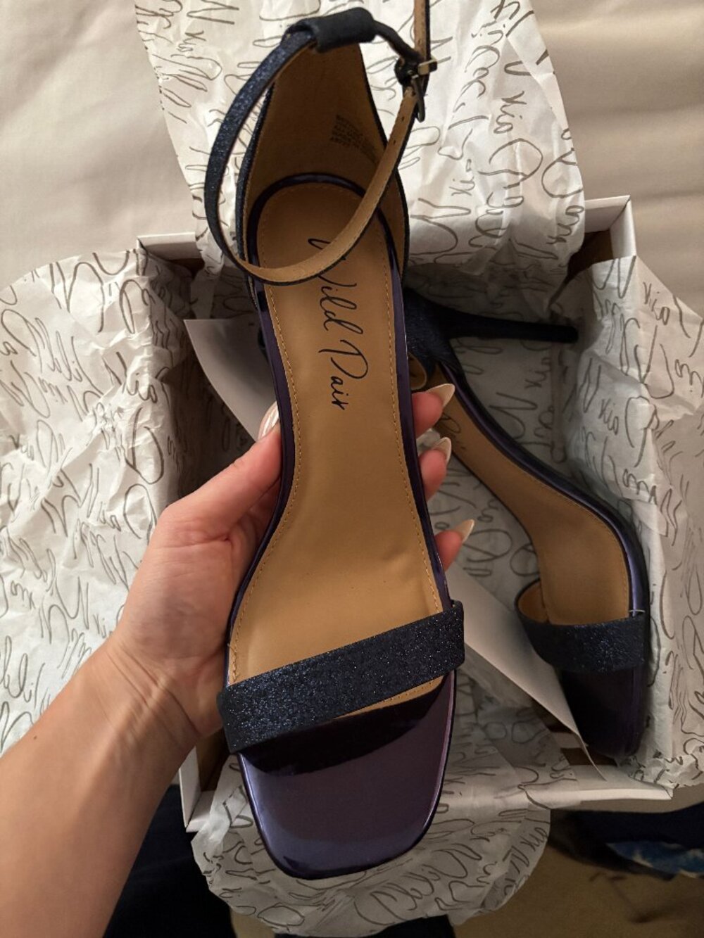 Navy Glitter Ankle Strap Heels Size 9.5M